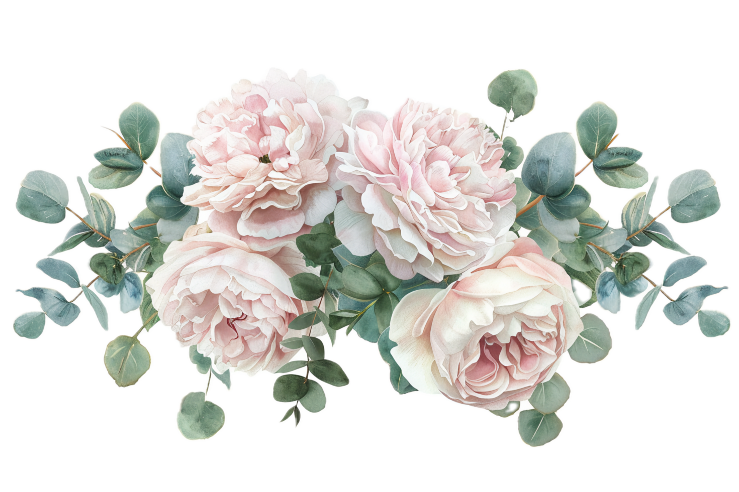 ai generiert Aquarell Rosa Pfingstrosen mit Eukalyptus Blätter png