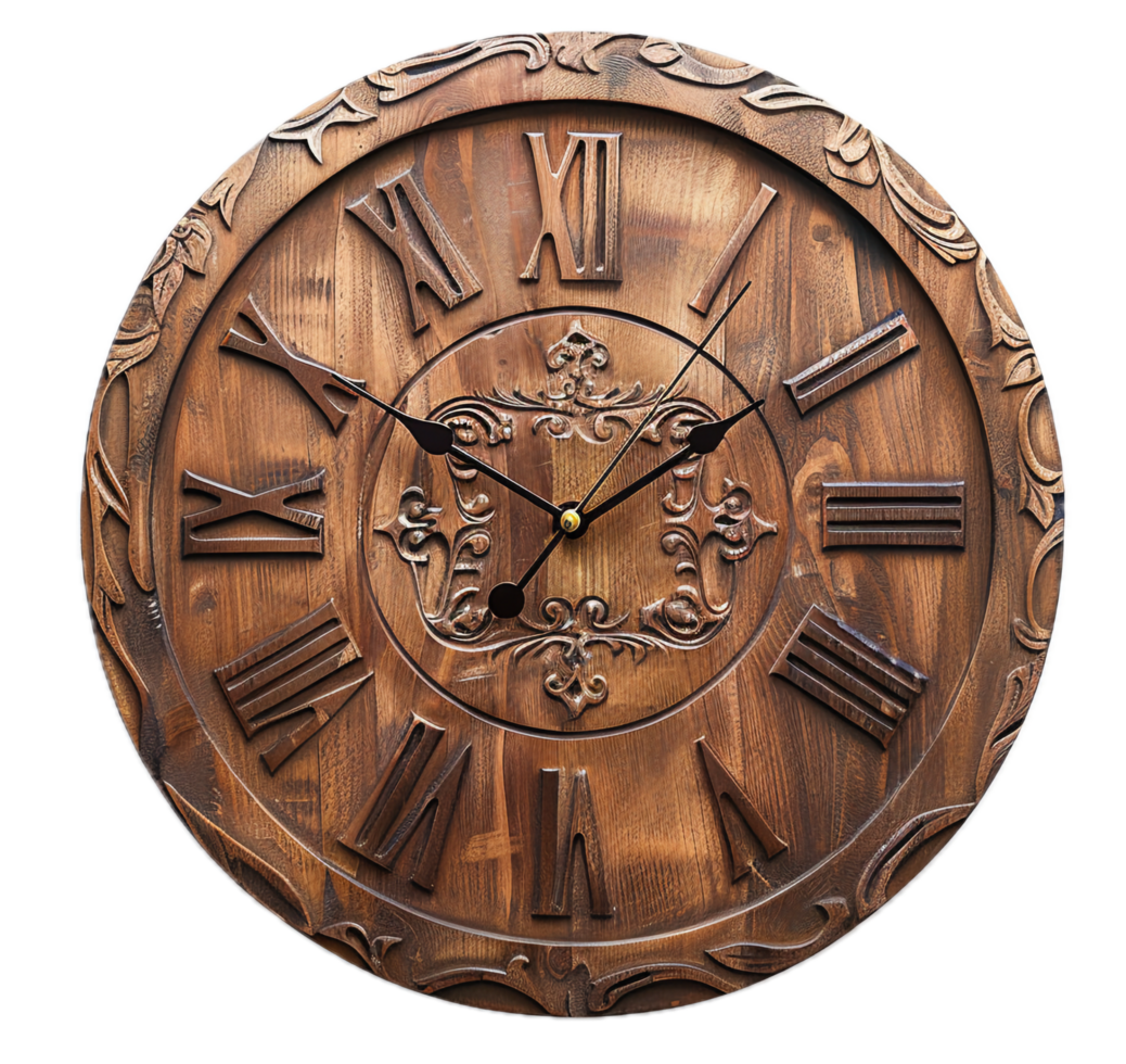 AI generated Rustic Wooden Wall Clock with Roman Numerals png