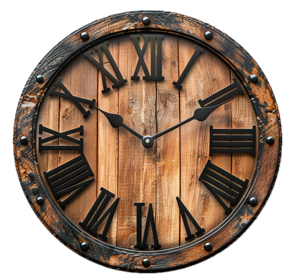 AI generated Rustic Wooden Wall Clock with Roman Numerals png