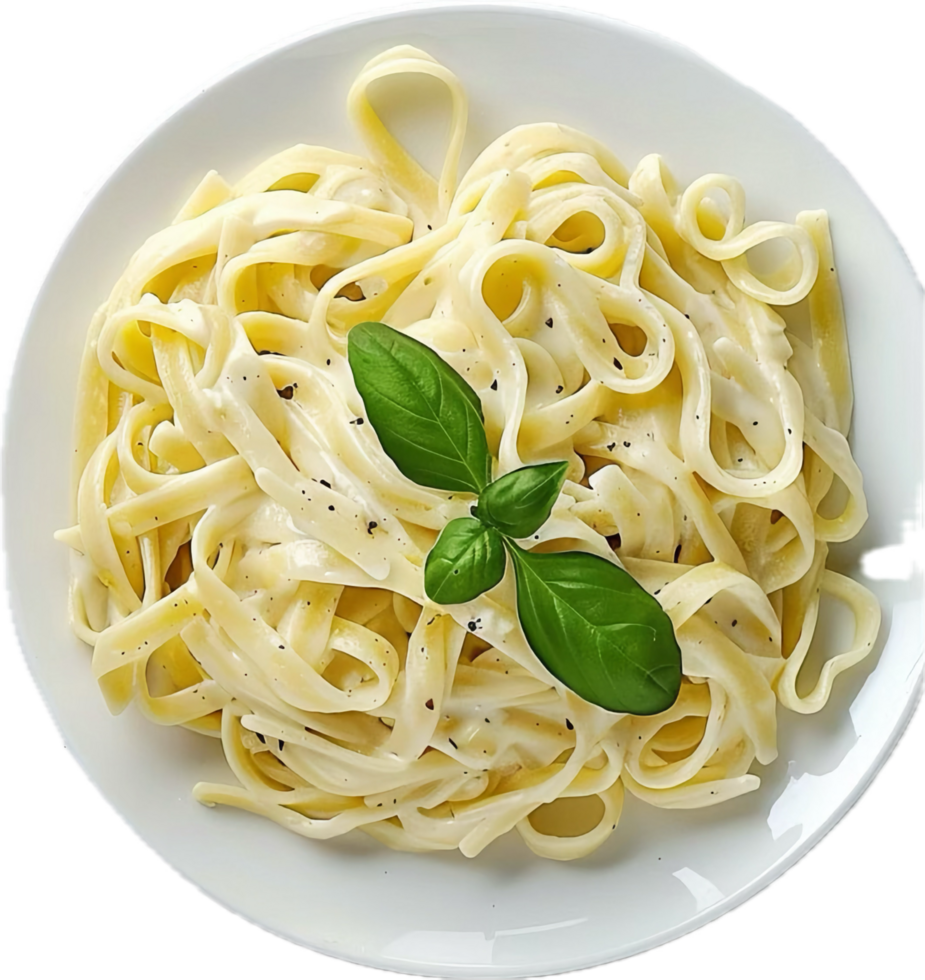 ai gegenereerd romig fettuccine Alfredo pasta met basilicum PNG