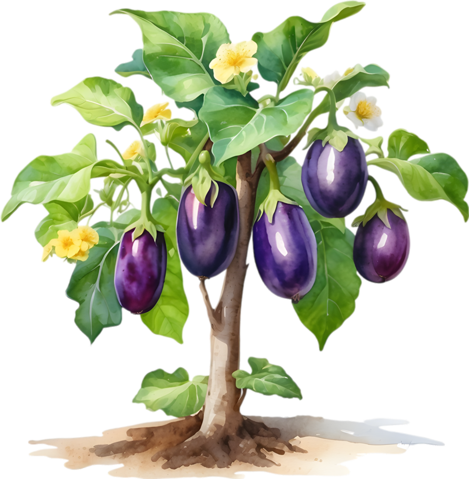 AI generated Eggplant tree, watercolor painting of an eggplant tree. png