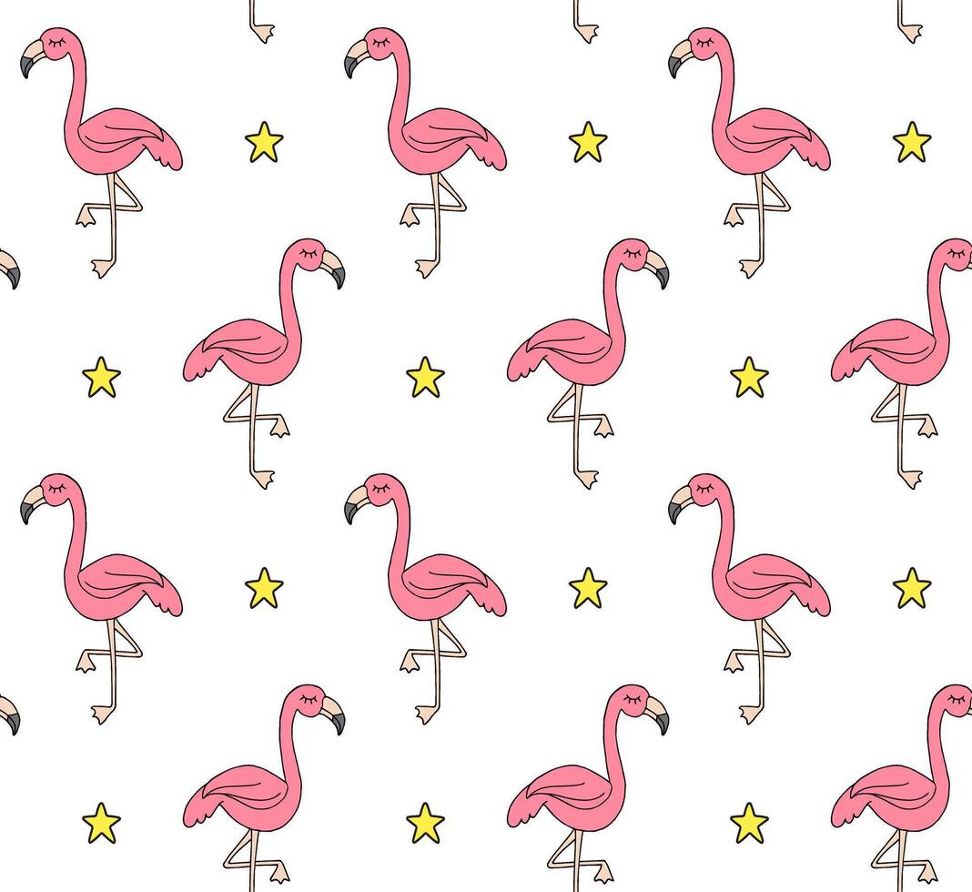 Vector seamless pattern of pink sketch flamingo