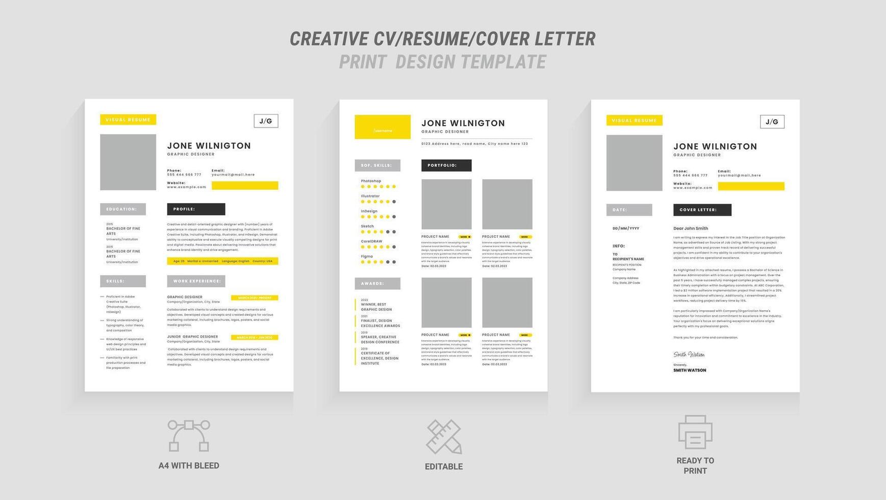 Multipurpose Clean Modern Resume, Cover Letter Design Template with Yellow Header, Ideal for Business Job Applications, Minimalist CV Layout, Vector Graphic for Professional Resume, CV Design