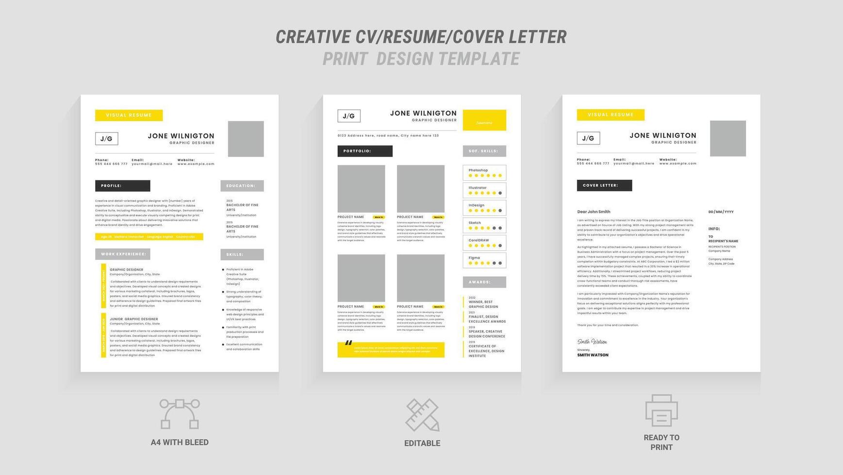 Multipurpose Clean Modern Resume, Cover Letter Design Template with Yellow Header, Ideal for Business Job Applications, Minimalist CV Layout, Vector Graphic for Professional Resume, CV Design