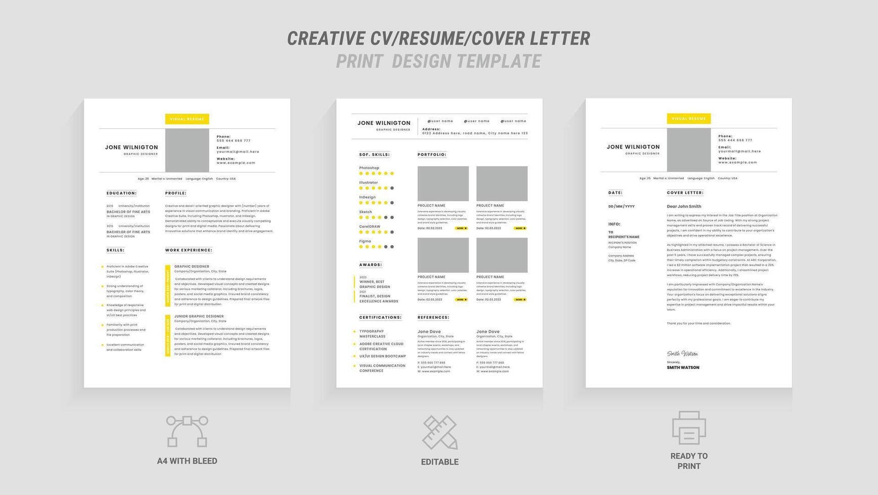 de múltiples fines limpiar moderno reanudar, cubrir letra diseño modelo con amarillo encabezamiento, ideal para negocio trabajo aplicaciones, minimalista CV disposición, vector gráfico para profesional reanudar, CV diseño