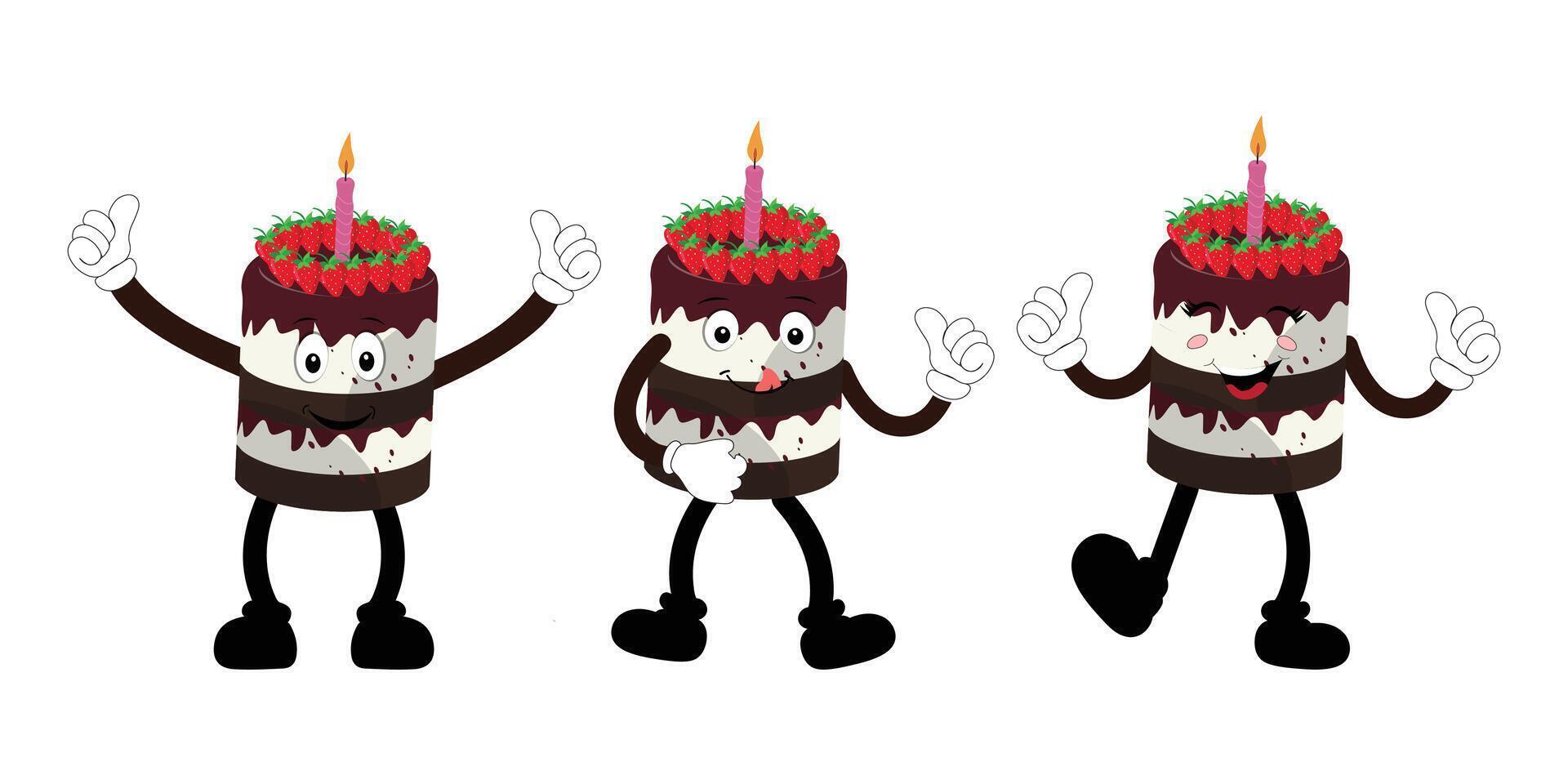linda dulce cumpleaños pastel dibujos animados personaje diseño, Clásico personaje dibujos animados cumpleaños pastel, retro pegatina de contento chocolate pastel con velas vector