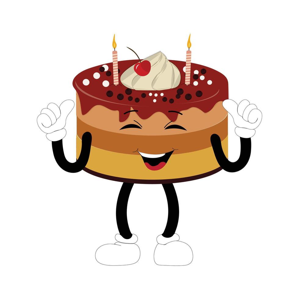 Cute sweet birthday cake cartoon character design, vintage character cartoon birthday cake, retro sticker of happy chocolate cake with candles vector