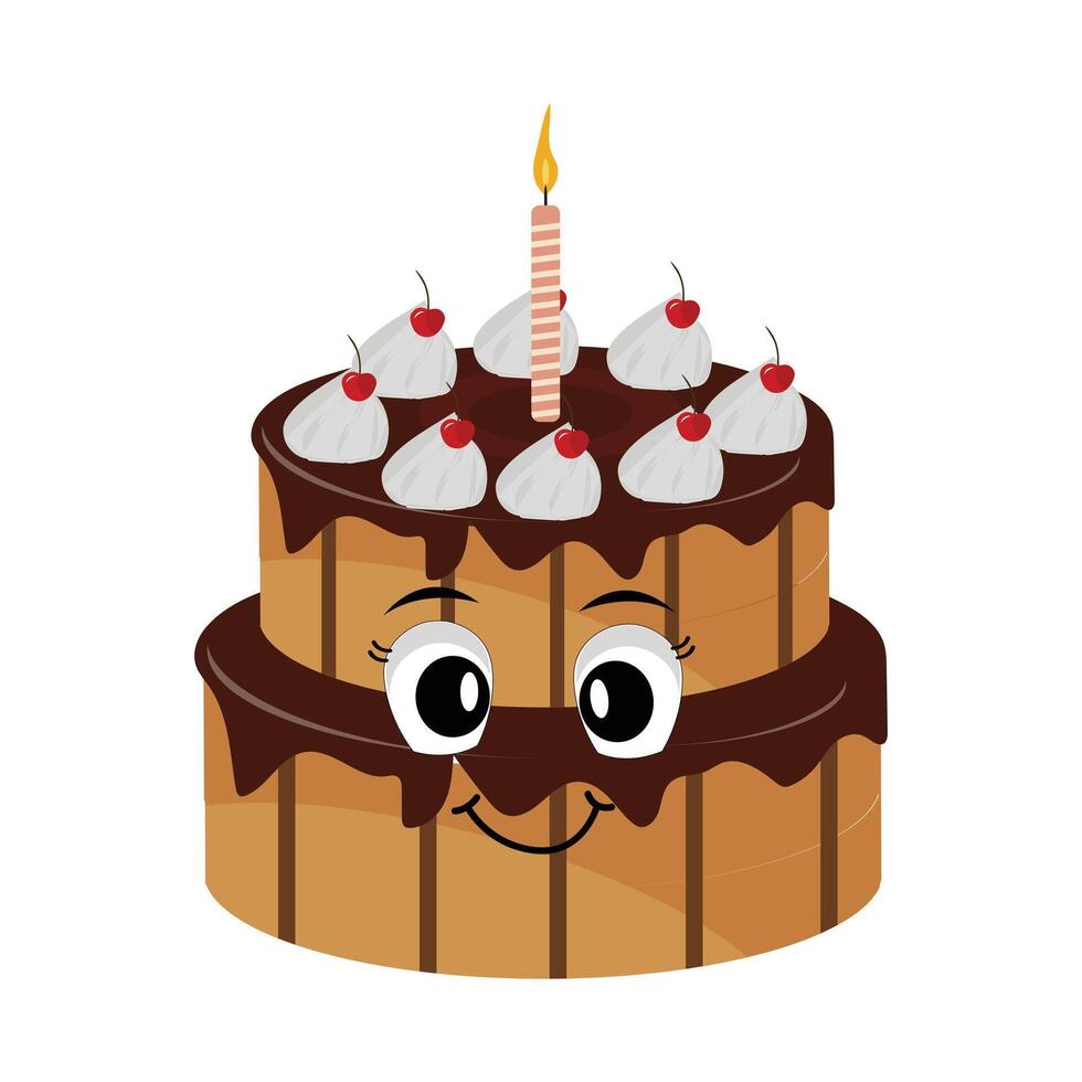 Cute sweet birthday cake cartoon character design, vintage character cartoon birthday cake, retro sticker of happy chocolate cake with candles vector
