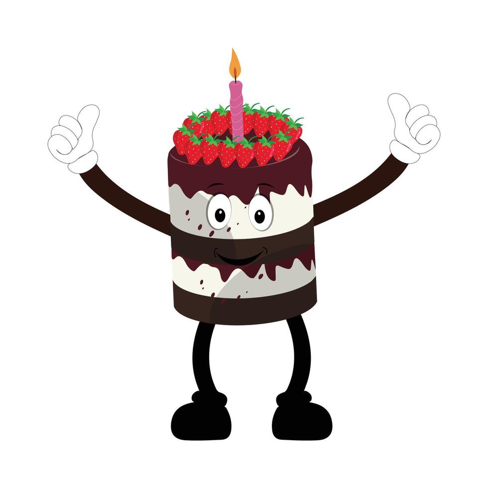 Cute sweet birthday cake cartoon character design, vintage character cartoon birthday cake, retro sticker of happy chocolate cake with candles vector