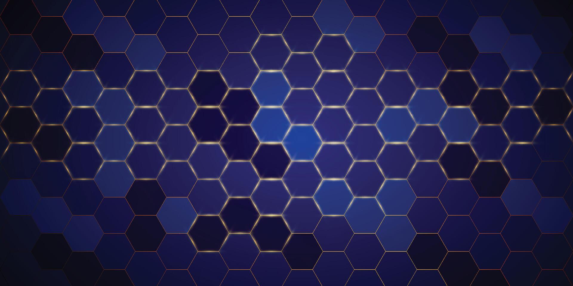 Blue Hexagonal background with golden light vector