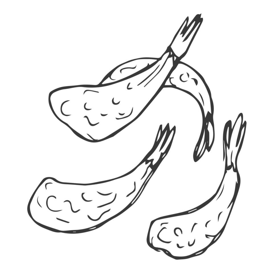 camarones tempura japón o comida tradicional japonesa doodle boceto dibujado a mano con estilo de contorno vector