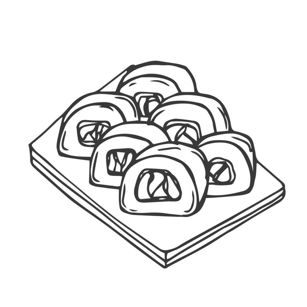Japan black and white traditional symbol sushi rolls set in ink Isolated on white background. vector