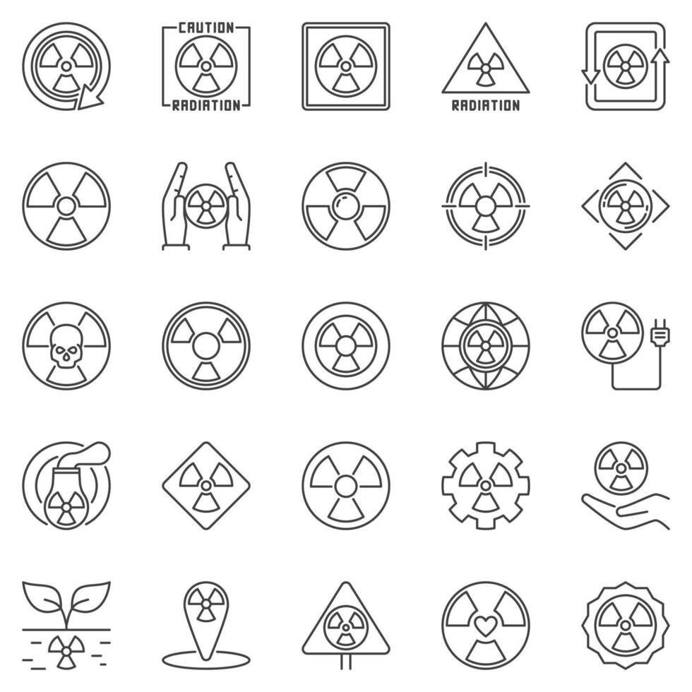 Radiation Warning outline icons set - Radioactive signs and Nuclear Radiation concept line symbols vector