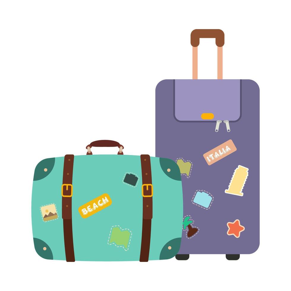 Icons luggage. Flat style summer travel suitcase. Suitcases and backpacks. Vector illustration holiday.