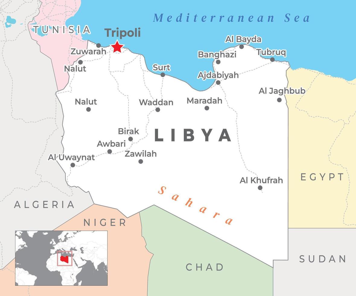 Libya Political Map with capital Tripoli, most important cities with national borders vector