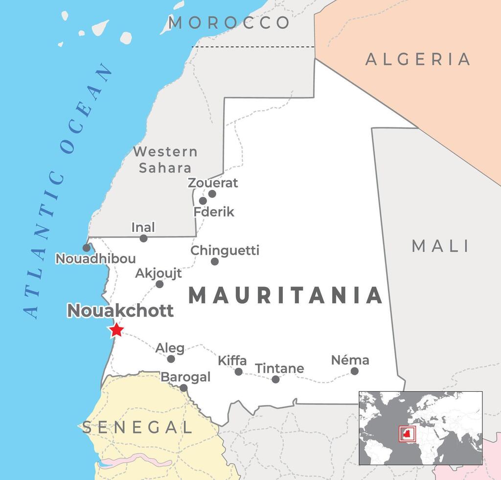 Mauritania Political Map with capital Nouakchott, most important cities with national borders vector