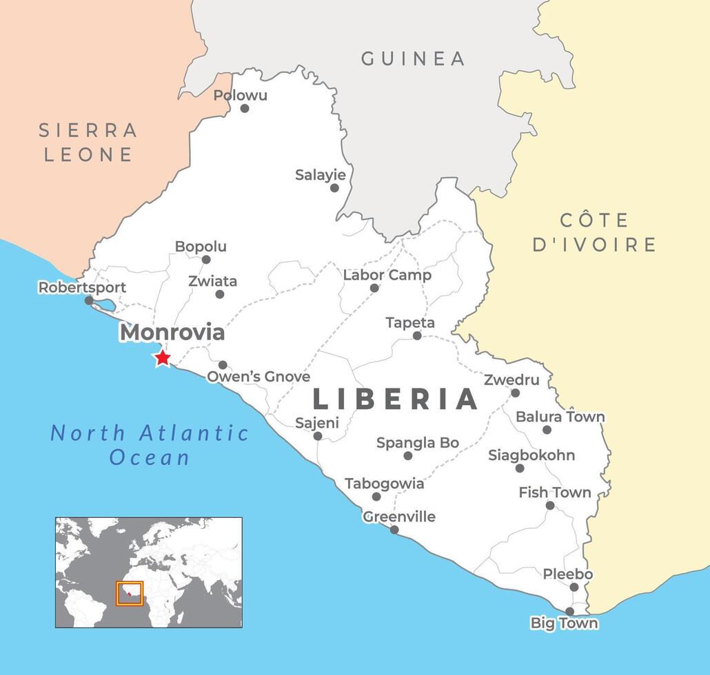 Liberia político mapa con capital monrovia, más importante ciudades con nacional fronteras vector