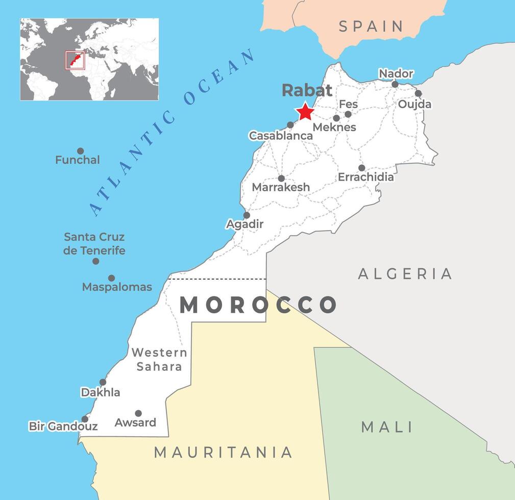 Marruecos político mapa con capital Rabat, más importante ciudades con nacional fronteras vector