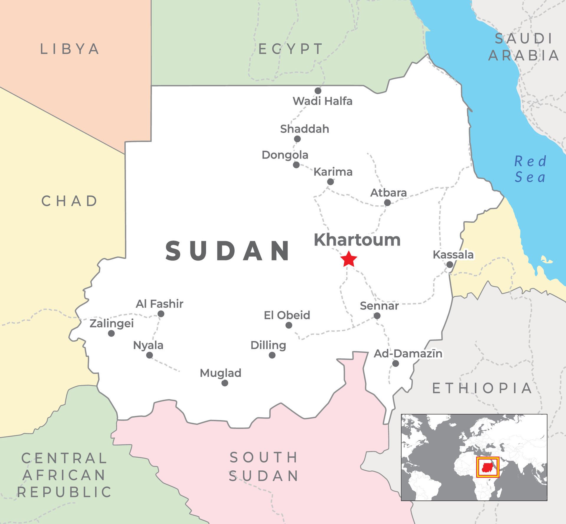 Sudan Political Map with capital Khartoum, most important cities with