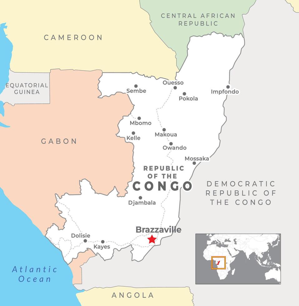 Congo Democratic Republic Political Map with capital Kinshasa, most important cities with national borders vector