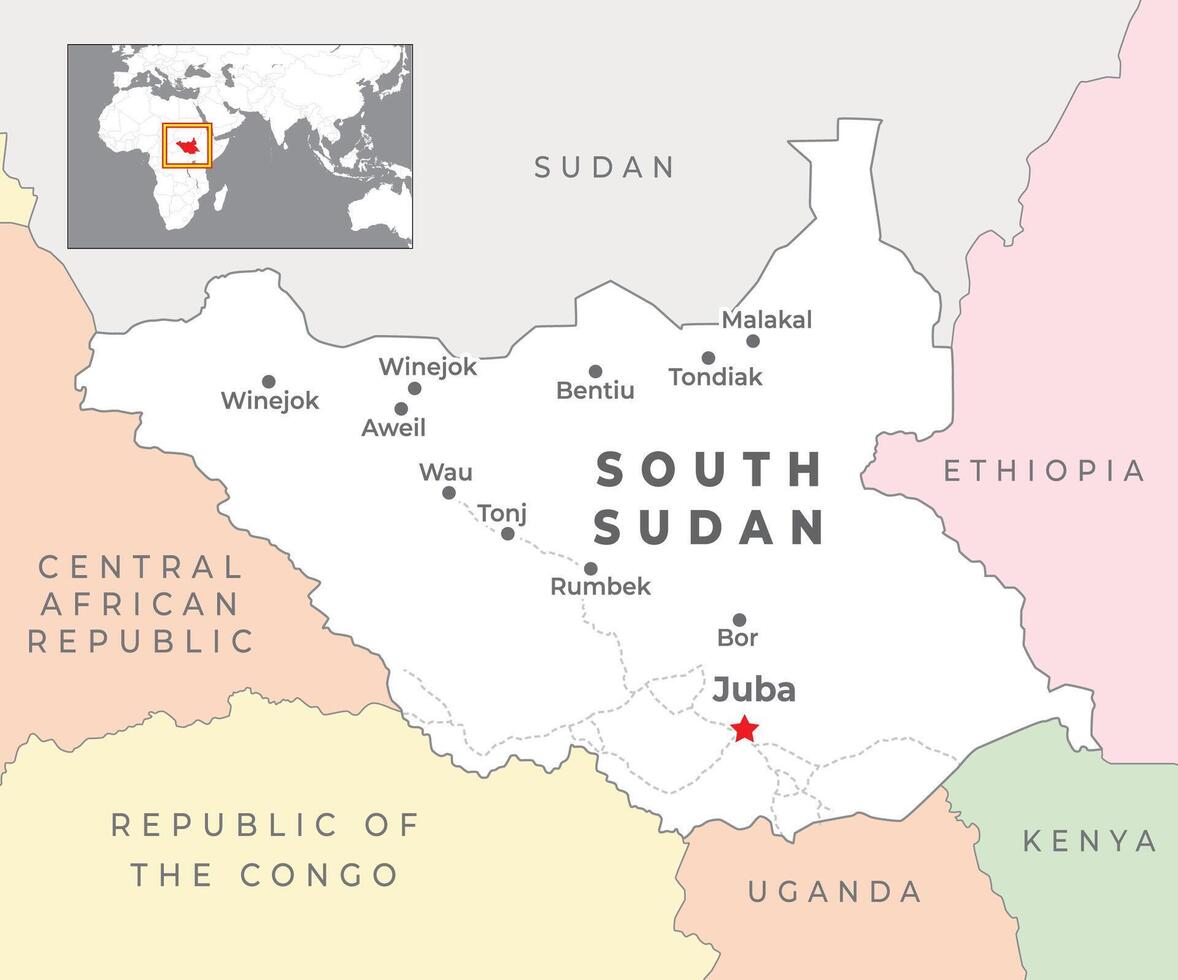 South Sudan Political Map with capital Juba, most important cities with national borders vector