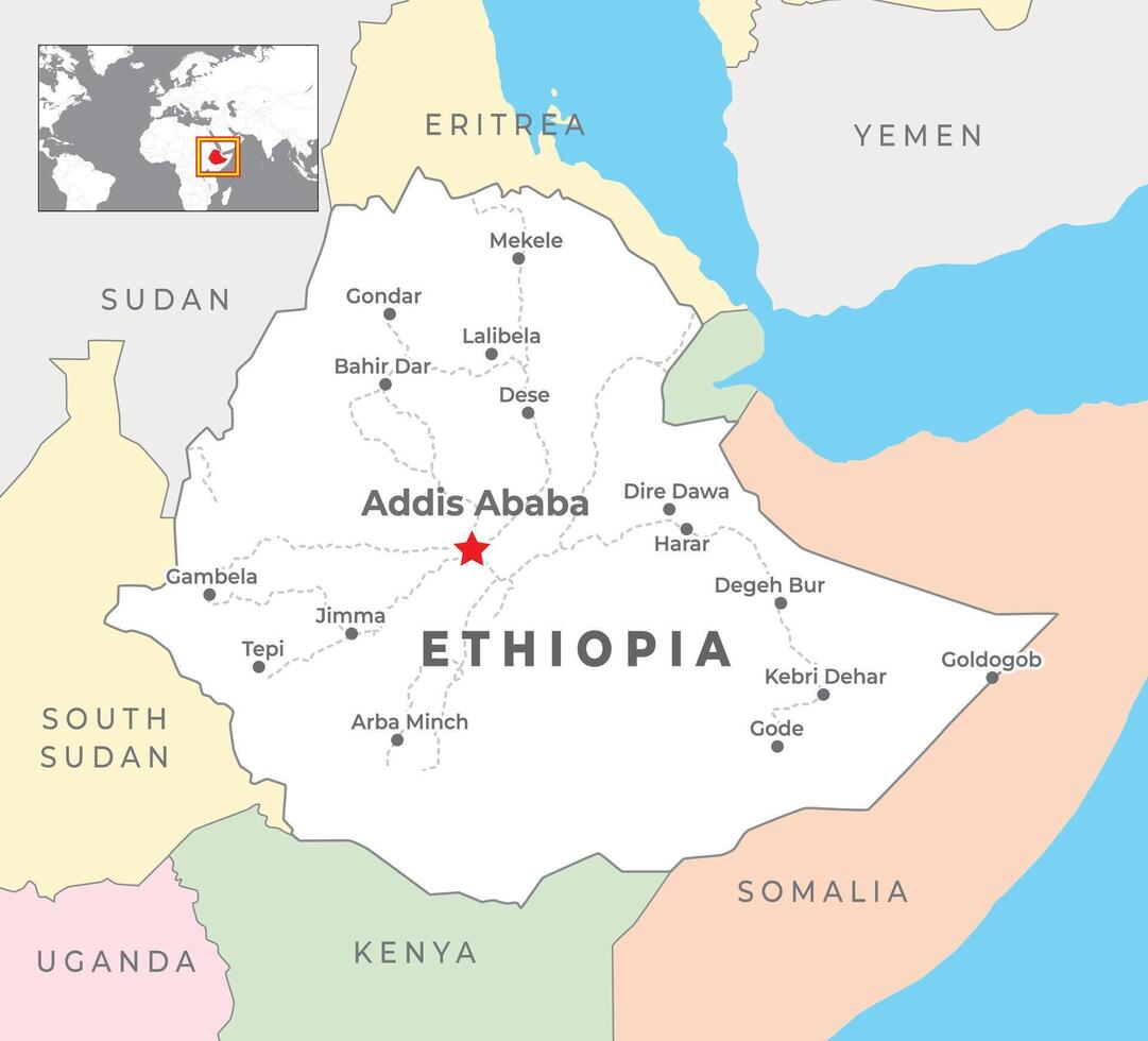 Ethiopia Political Map with capital Addis Ababa, most important cities with national borders vector
