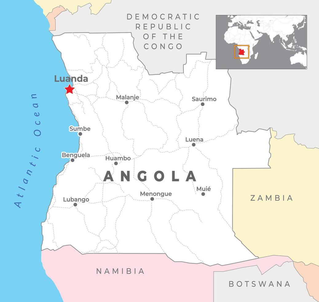 angola político mapa con capital luanda, más importante ciudades con nacional fronteras vector