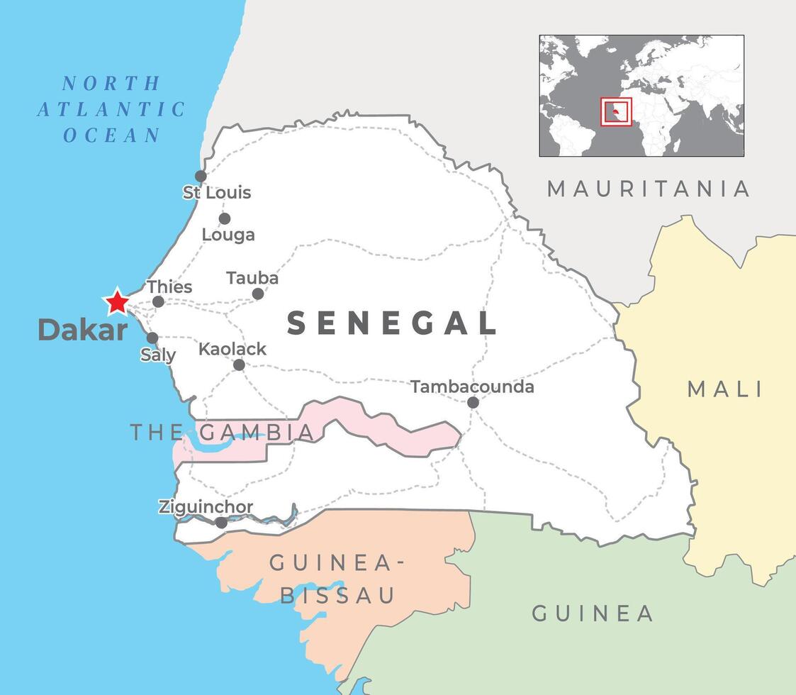 Senegal político mapa con capital dakar, más importante ciudades con nacional fronteras vector