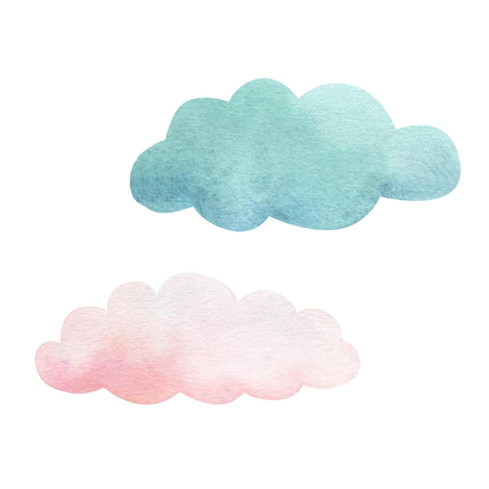 Watercolor illustration of stylized pink and blue cartoon clouds isolated, set. Watercolor texture, handmade vector