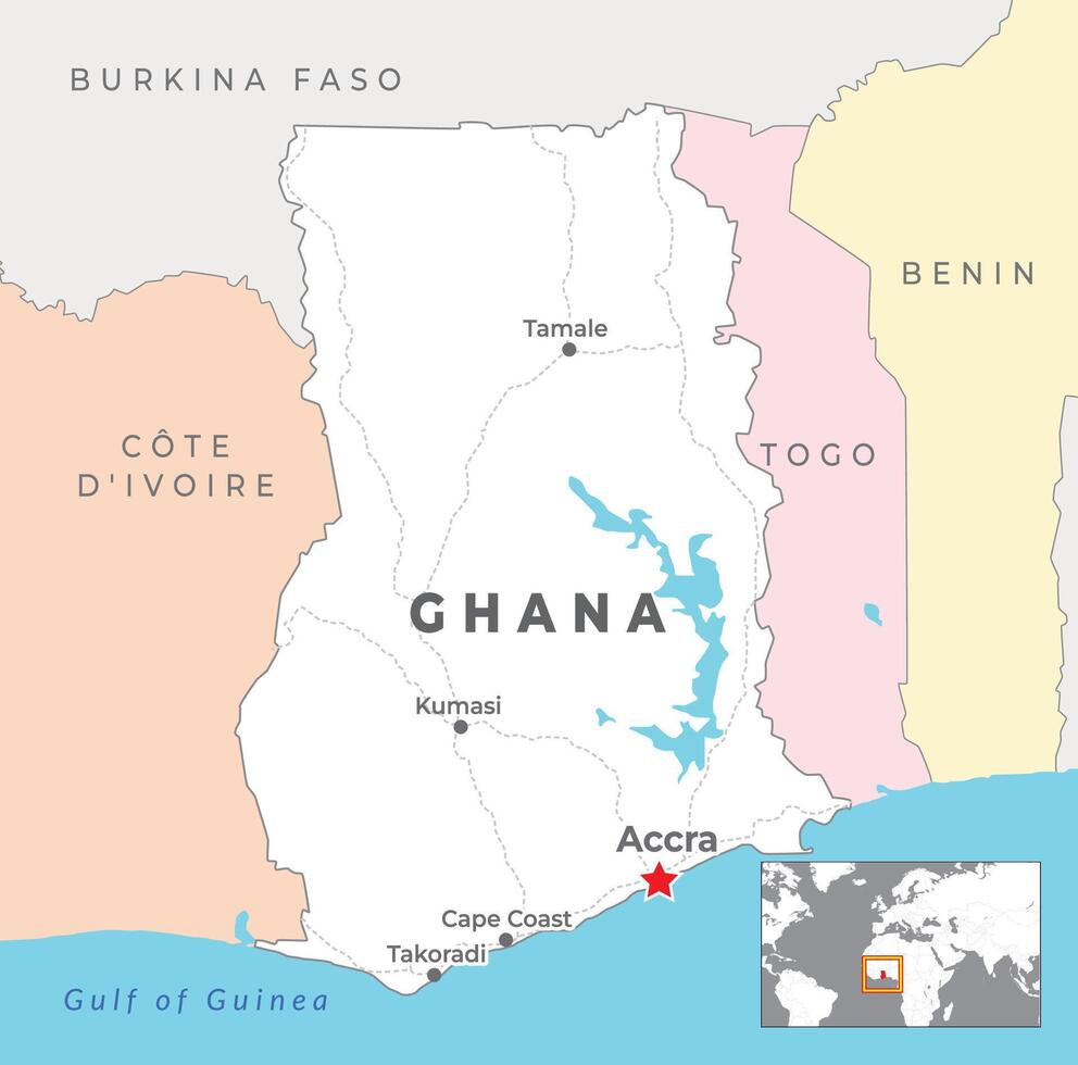 Ghana Political Map with capital Accra, most important cities with national borders vector