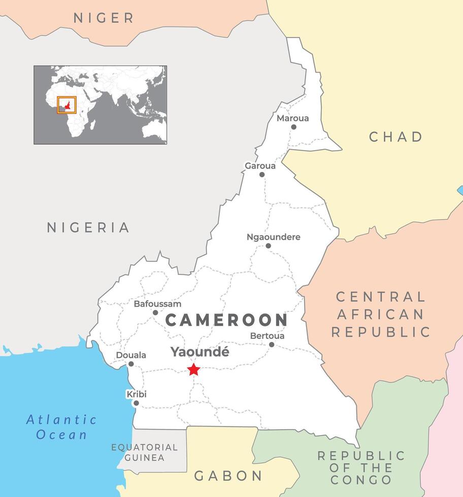 Camerún político mapa con capital yaundé, más importante ciudades con nacional fronteras vector