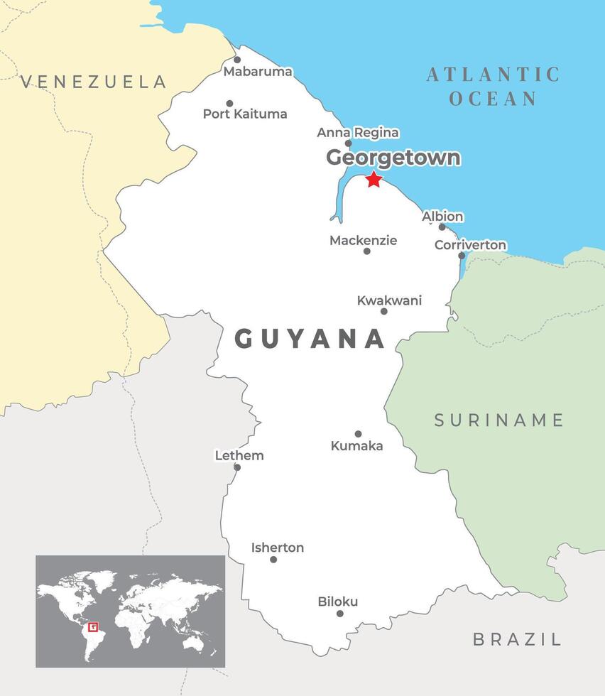 Guayana político mapa con capital georgetown, más importante ciudades con nacional fronteras vector