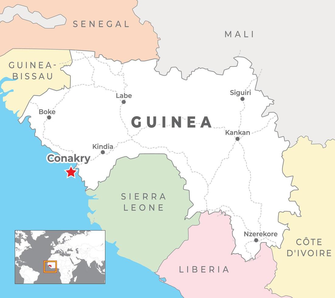 Guinea político mapa con capital Conakry, más importante ciudades con nacional fronteras vector