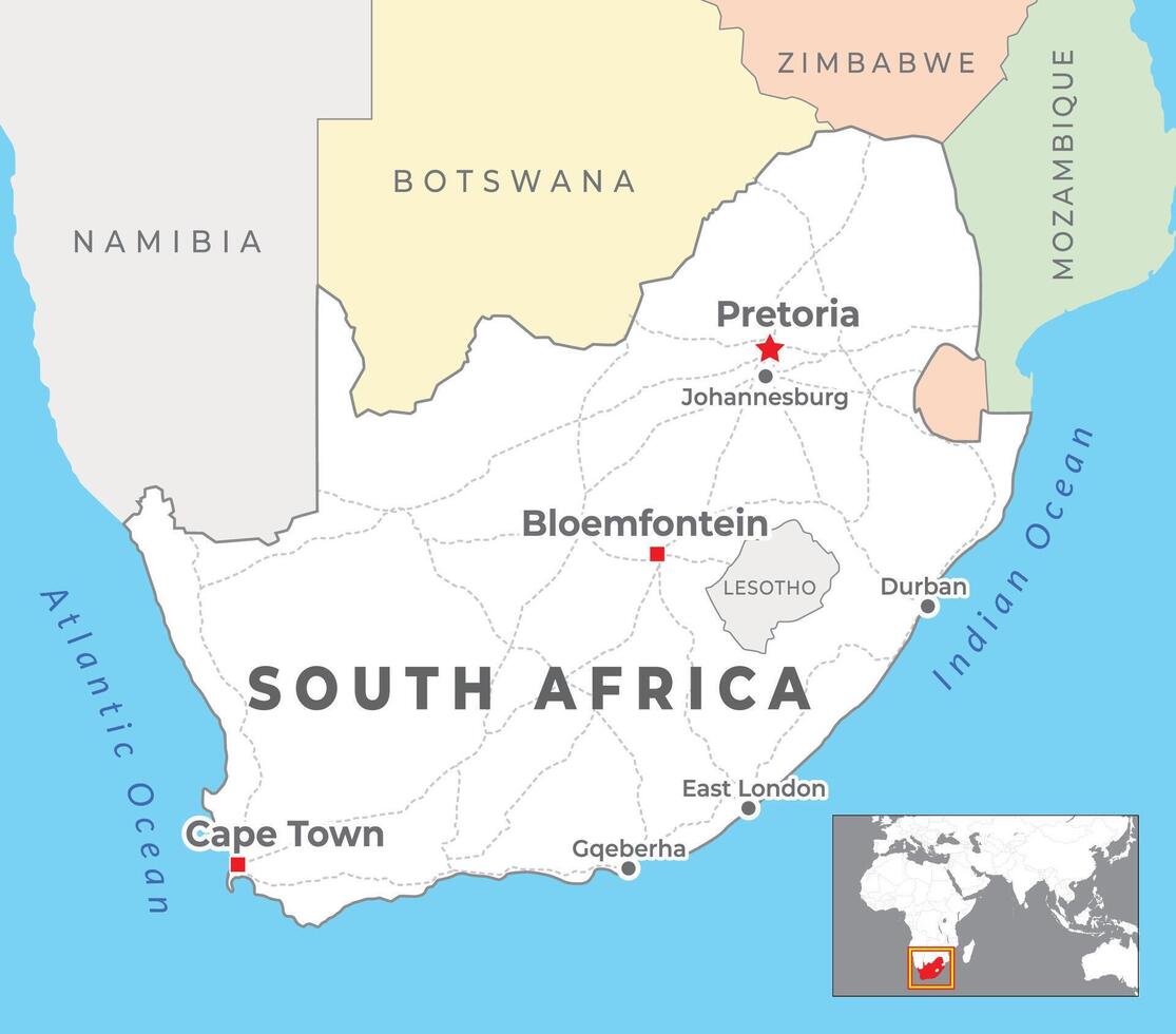 sur África político mapa con capital pretoria, Bloemfontein y capa ciudad, más importante ciudades con nacional fronteras vector