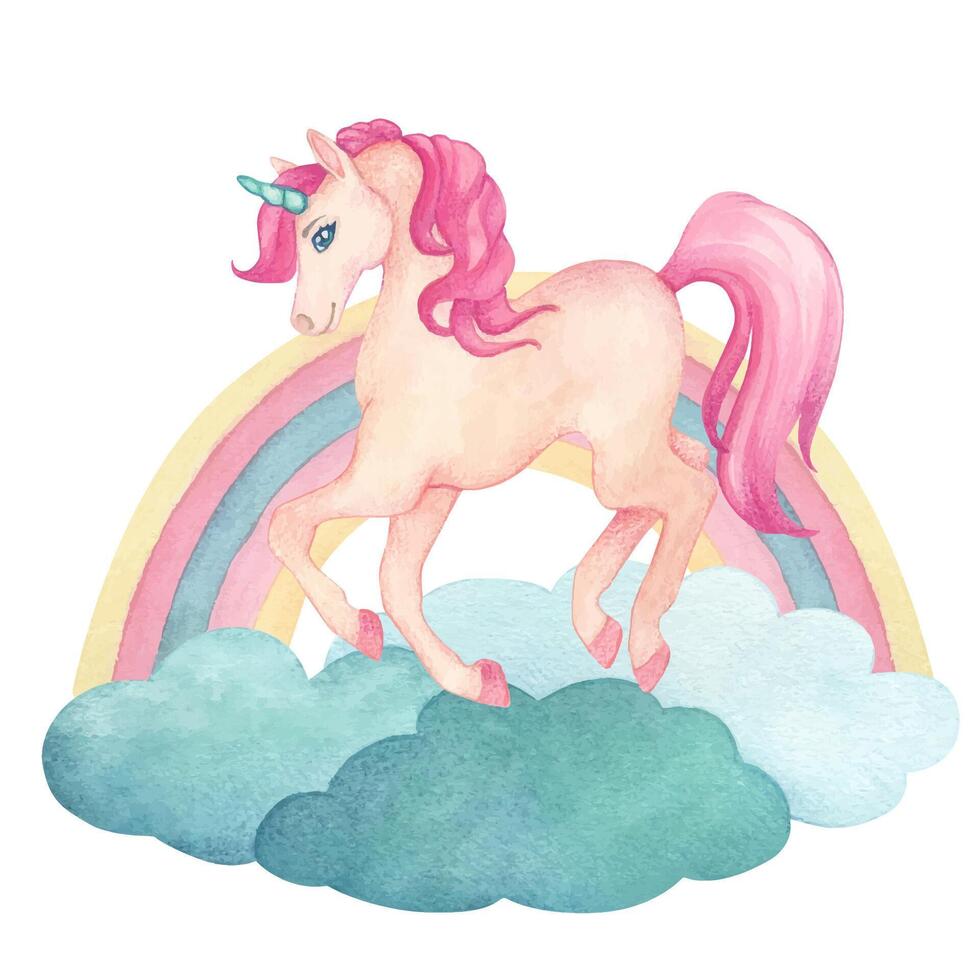 Watercolor illustration of a cute jumping unicorn on clouds with rainbow in pink and turquoise colors. Fairy-tale cartoon character vector