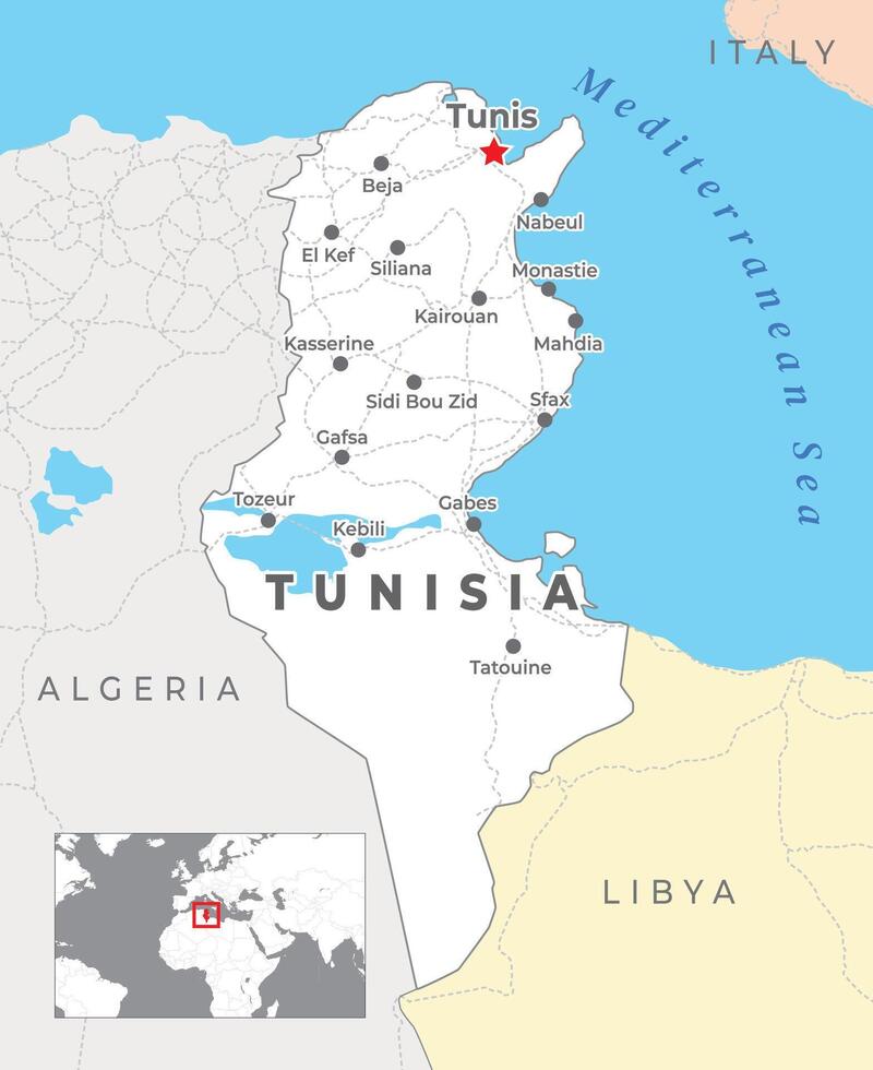 Tunisia Political Map with capital Tunis, most important cities with national borders vector