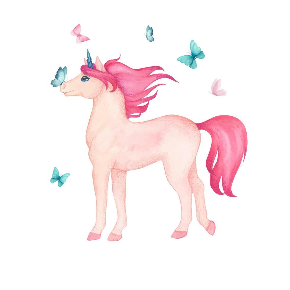 Watercolor illustration of a cute standing unicorn with delicate butterflies in pink and turquoise colors. Fairy-tale cartoon character for decorating children's room wallpaper and children's things vector