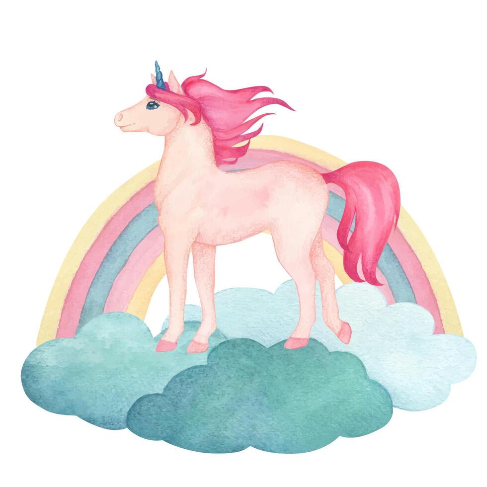 Watercolor illustration of a cute standing unicorn on clouds with rainbow in pink and turquoise colors. Fairy-tale cartoon character vector