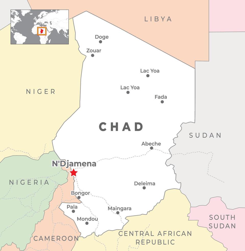 Chad Political Map with capital NDjamena, most important cities with national borders vector