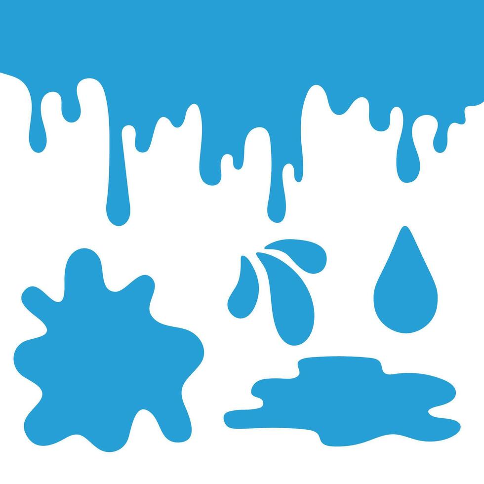 Water slime, splashes, drops set in cartoon flat style. Splatters and water spray, falling droplets, paint stain, puddle. vector