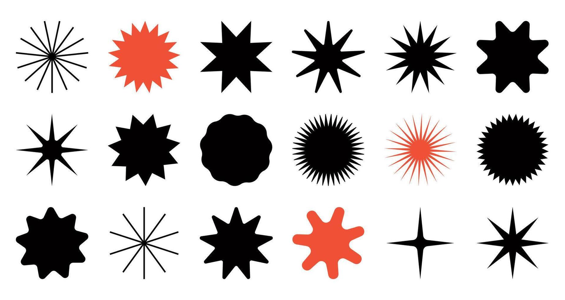 estrella forma pegatinas colocar, insignias conjunto de estallido estelar, rayos de sol iconos negro íconos en un blanco antecedentes. plano Clásico etiquetas. vector