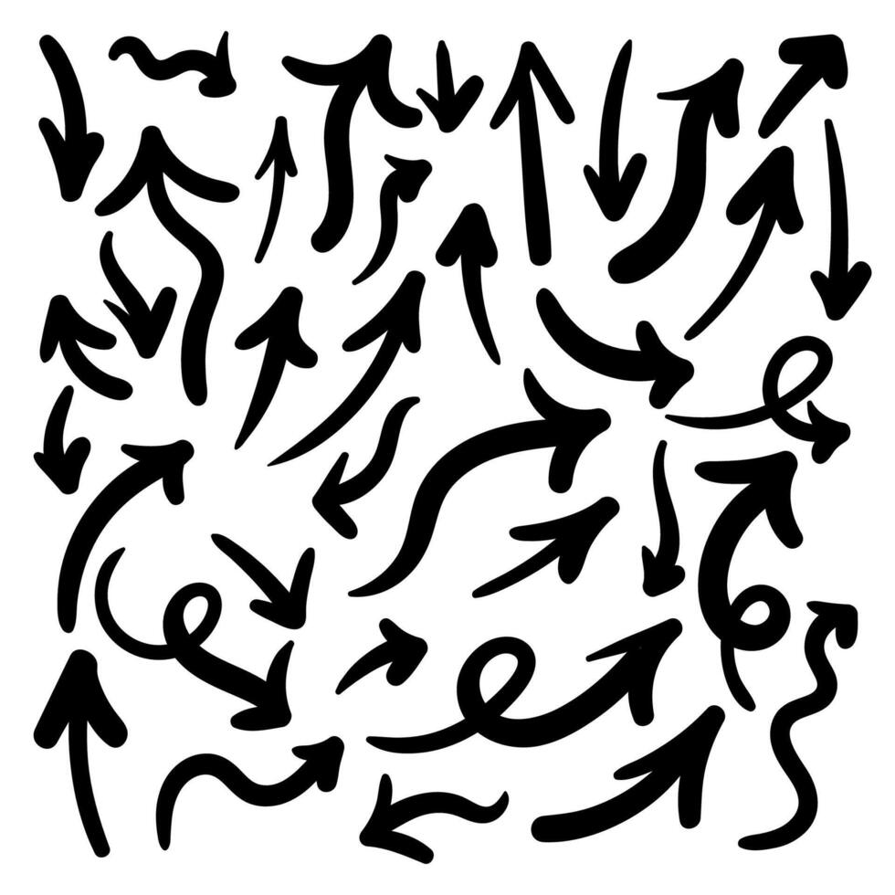 Hand drawn ink arrow set, marker sketch of wavy, curly pointers isolated on white background vector