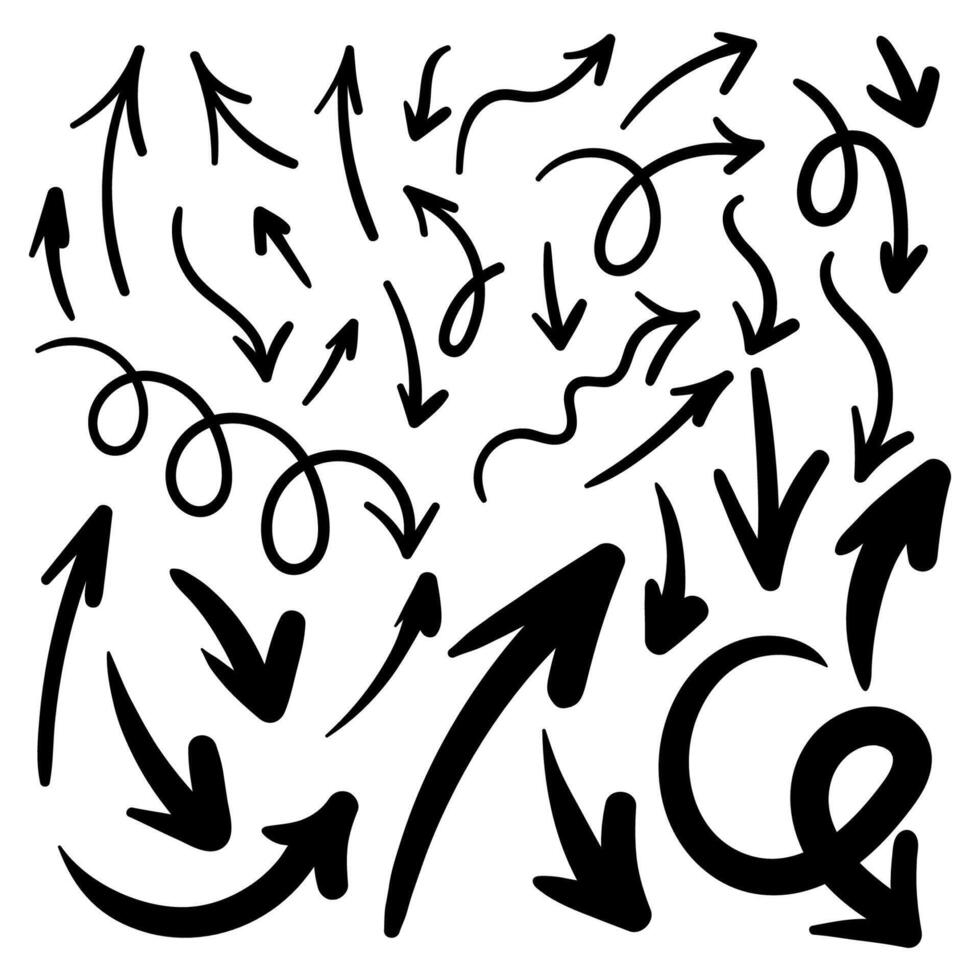 Hand drawn ink arrow set, marker sketch of wavy, curly pointers isolated on white background vector