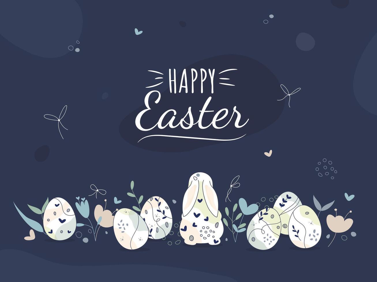 Happy Easter greeting Card with festive bunnies and eggs. Simple Floral pattern on a dark background. Vector editable stroke design for banner, background, card