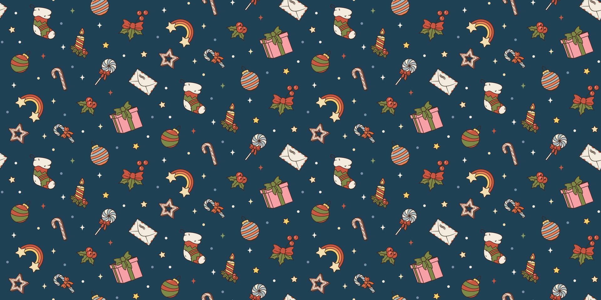 Seamless pattern with Merry Christmas and Happy New Year symbols. Groovy 60s 70s style Illustration. Vector Retro Holiday season background