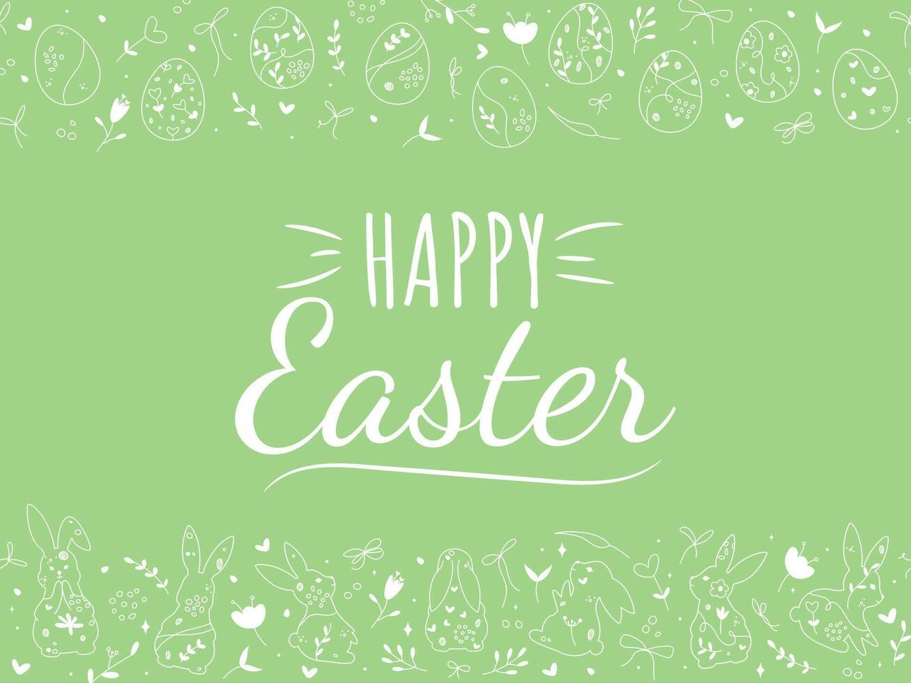 Happy Easter card with outline Easter bunnies and Eggs. Editable stroke simple floral pattern. Vector design for background, greeting card, banner