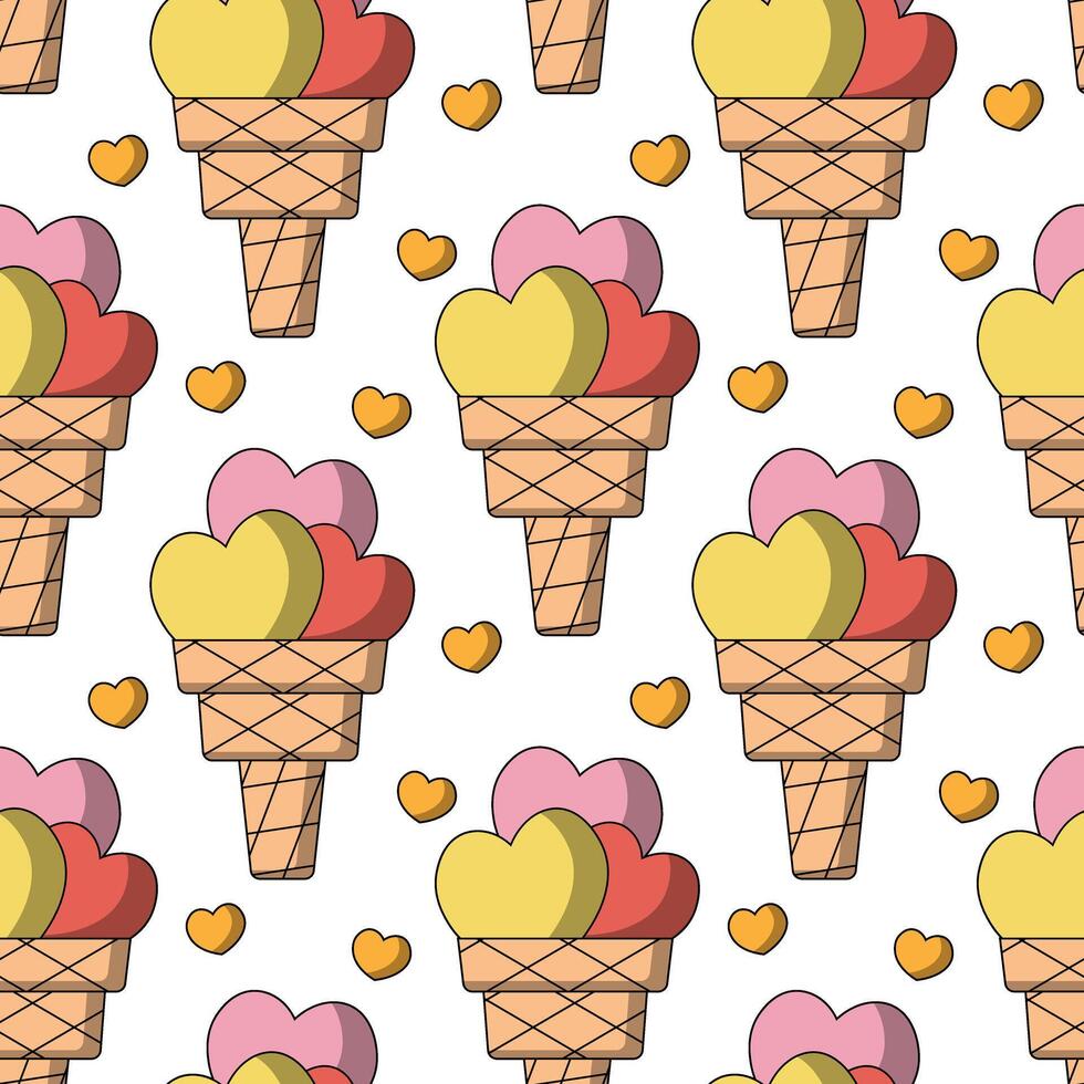 Seamless pattern with Waffle Ice Cream shaped Heart vector