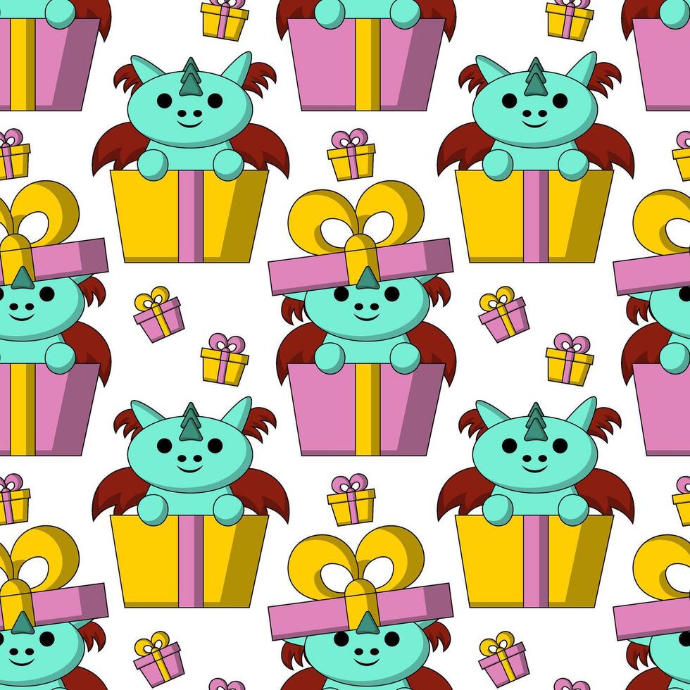 Seamless pattern with cute dragon with gift box vector