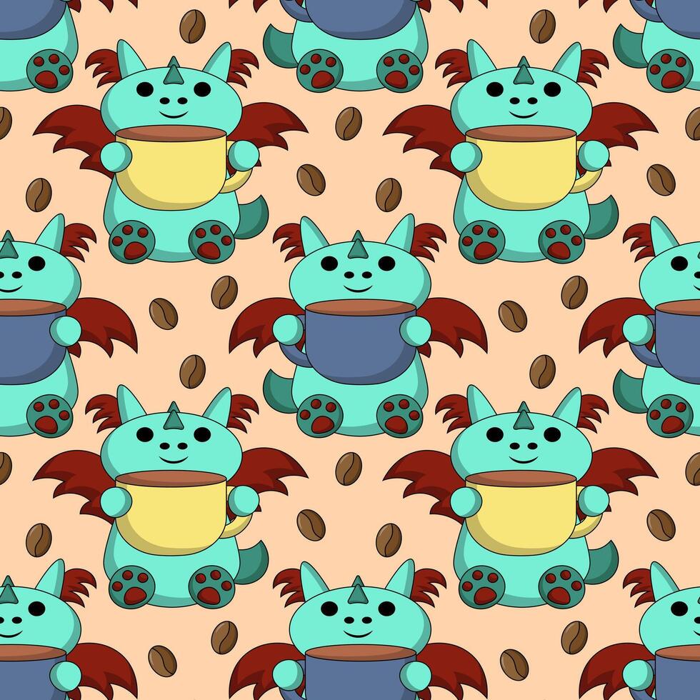 Seamless pattern with cute dragon with coffee cup vector