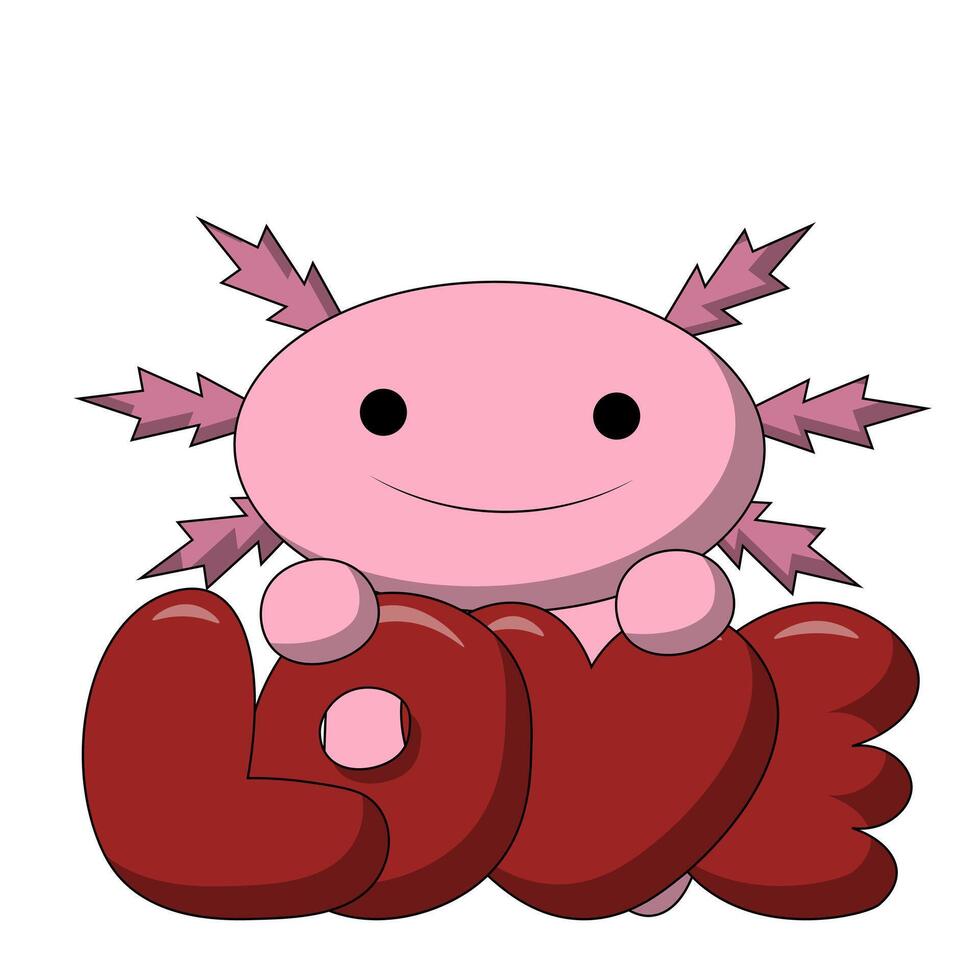 Cute cartoon Axolotl with word Love in color vector